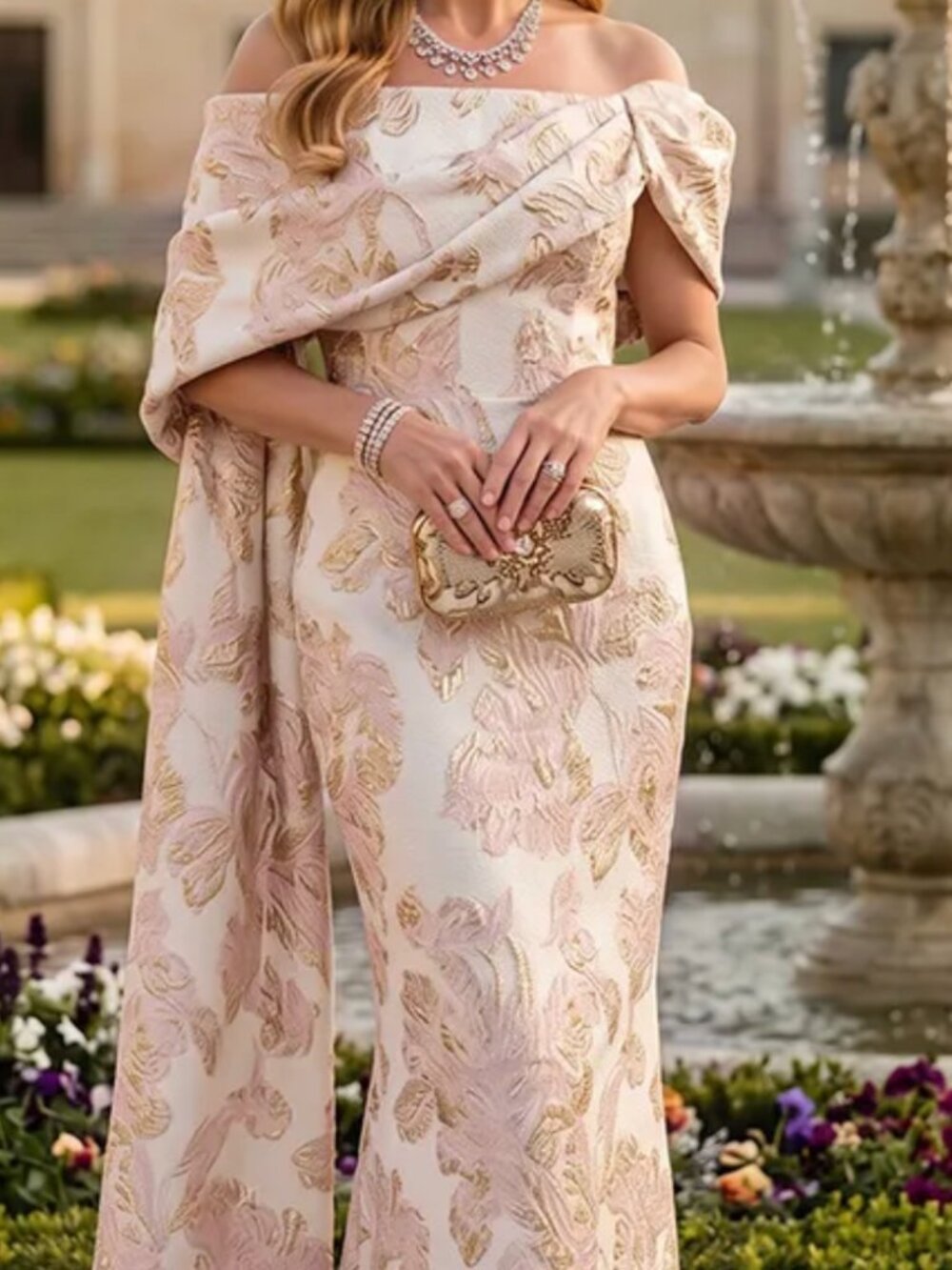 Jacquard Mermaid Off the Shoulder Pleated Mother of the Bride Dresses Light Pink